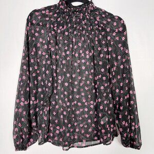 Elizabeth and James Women's Smocked Mock Neck Sheer Long Sleeve Floral Top XL